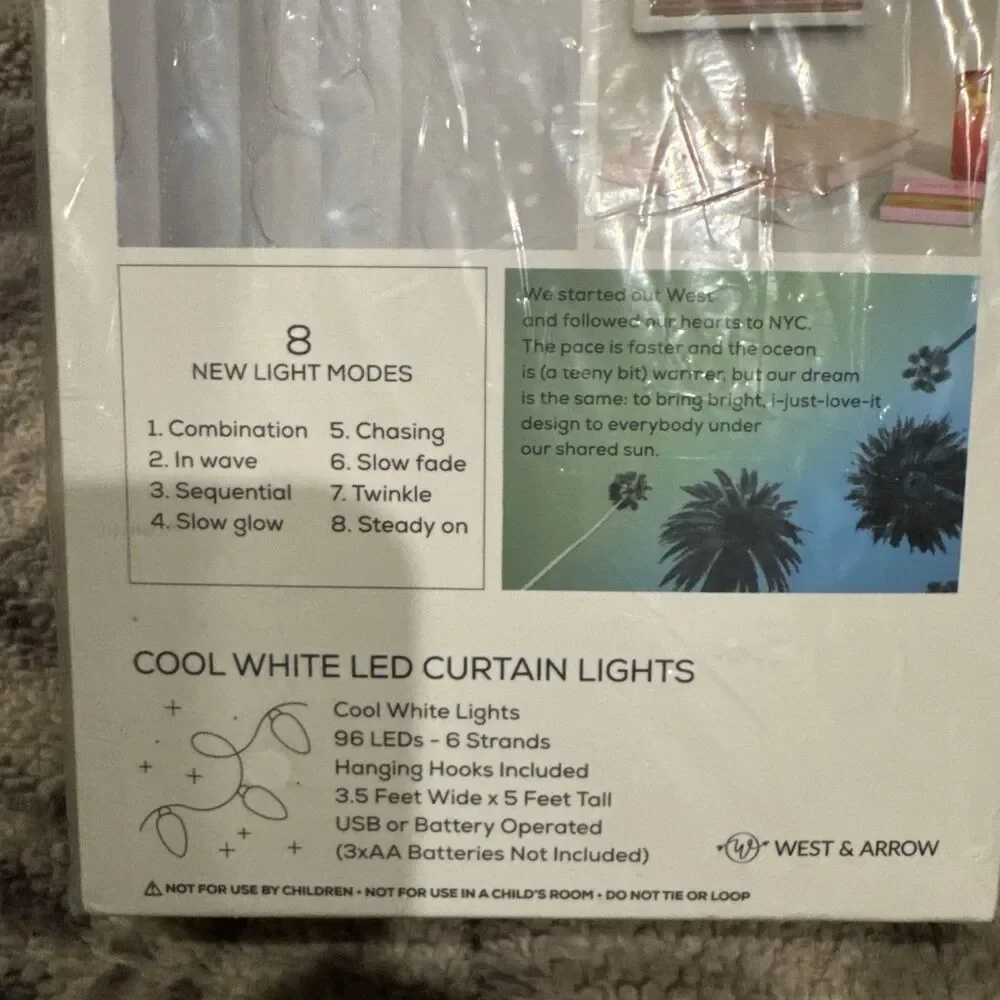 West & Arrow 96 LED Curtain String Light Cool White Brand New